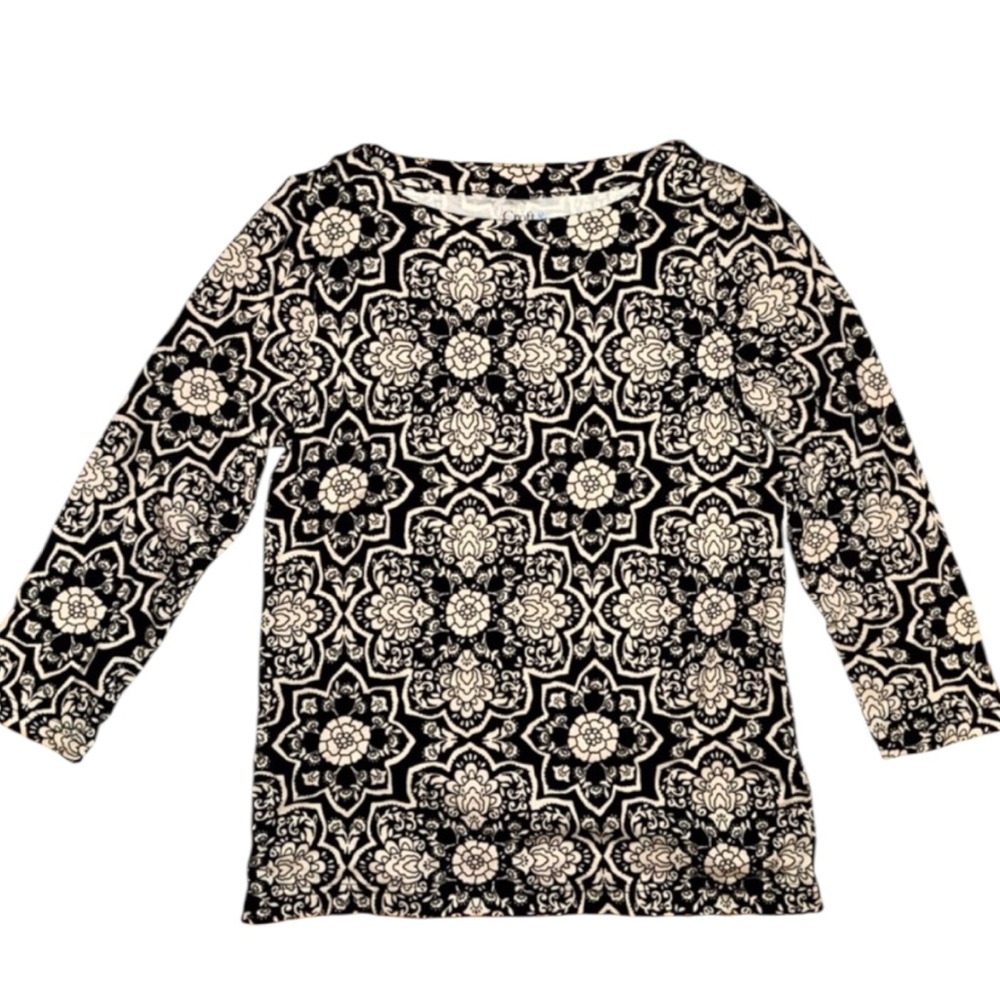 Croft & Barrow 3/4 Sleeve Black & Cream Floral Top